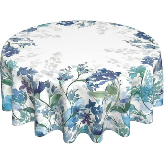 Watercolor Blue Leaf Round Tablecloth Summer/Spring Flowers Decorative Table Cloth 60 Inch Polyester Fabric Farmhouse Floral Table Cover for Home Sofa Kitchen Outdoor Indoor Party