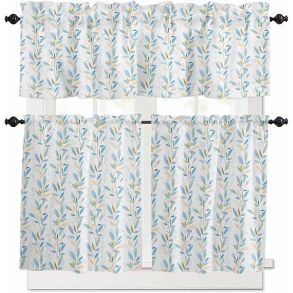 Watercolor Blue Leaves Kitchen Curtains and Valances Set, Rod Pocket Curtains Tier Farmhouse Window Curtains 36 Inch Length, Spring Branch Printed 3 Piece Kitchen Curtains Set