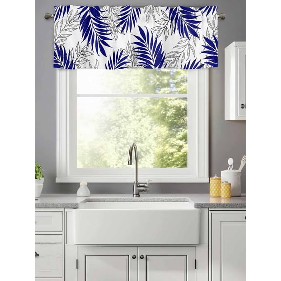 Watercolor Blue Leaves Valances for Windows,Kitchen Valance Rod Pocket Short Curtain,Abstract Geometric Art Valance Curtain Window Valances for Bedroom Living Room 42x12in