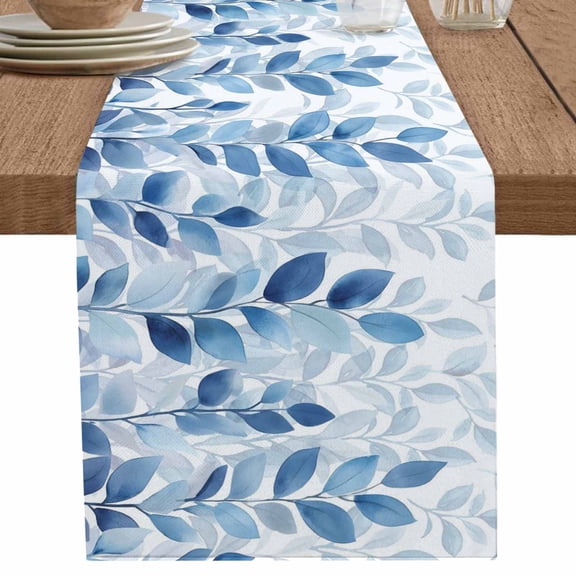 Watercolor Blue Leaves on White Table Runner-70 Inch Long Gradient Botanical Table Runners Linen Burlap Tablerunner for Kitchen Dining Room Holiday Party