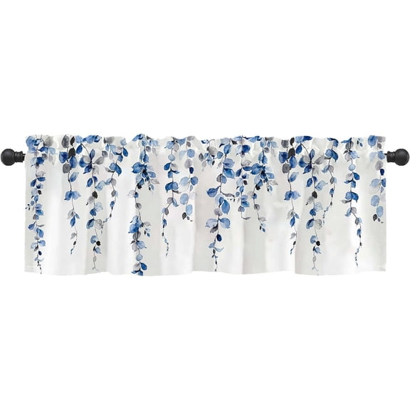 Watercolor Blue Leaves Window Valance for Bedroom Living Room, Grey Leaf Vine Plant Curtains Valanes for Windows, 3" Rod Pocket Window Treatment for Season Home Decorations, 54 x 18 Inch, 1 Panel
