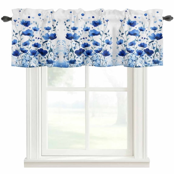 Watercolor Blue Leaves Window Valance Curtain Blue Flowers Rod Pocket Short Curtain for Living Room, Bedroom & Kitchen Window Decor 60x18in