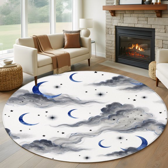 Watercolor Blue Moons Gray Cloud Round Rug 5ft Shining Star Bright Sky Washable Area Rugs for Living Room Bedroom Entryway Non Slip Entrance Door Mat Indoor Floor Carpet