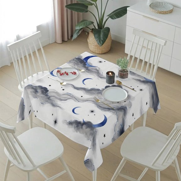 Watercolor Blue Moons Gray Cloud Table Cloth 54x54in, Waterproof Square Tablecloth Wipeable Tablecloths Shining Star Bright Sky Table Covers for Dining Tables Party Indoor Outdoor
