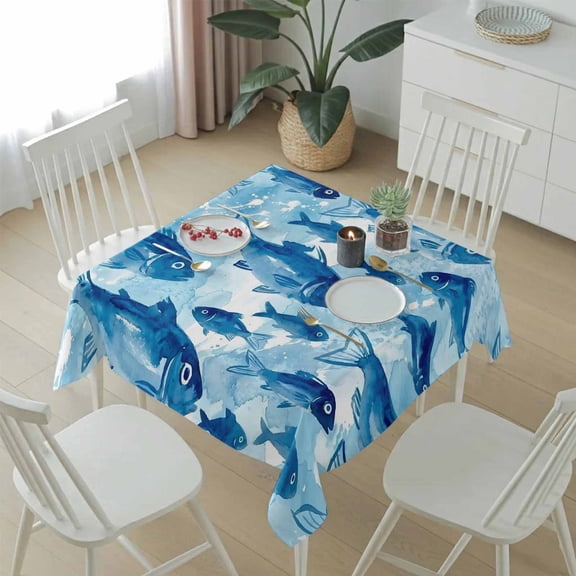 Watercolor Blue Ocean Fish Table Cloth 54x54in, Waterproof Square Tablecloth Wipeable Tablecloths Underwater Marine Life Table Covers for Dining Tables Party Indoor Outdoor