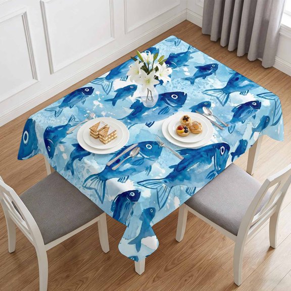 Watercolor Blue Ocean Fish Table Cloth 60x84in, Waterproof Rectangle Tablecloth Wipeable Tablecloths Underwater Marine Life Table Covers for Dining Tables Party Indoor Outdoor