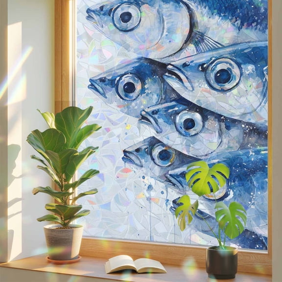 Watercolor Blue Ocean Fish on White Window Privacy Film, Rainbow Film Decorative Window Sticker 17.7x39.3in, Underwater Animal Sun Blocking Static Stained Glass Cling Tint Non-Adhesive