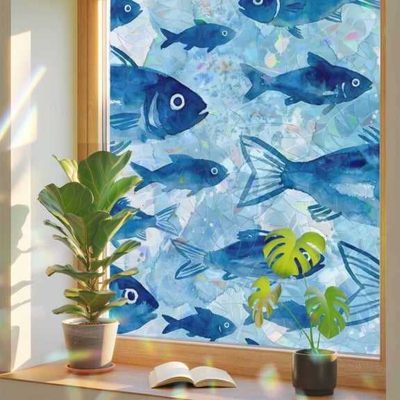 Watercolor Blue Ocean Fish Window Privacy Film, Rainbow Film Decorative Window Sticker 17.7x39.3in, Underwater Marine Life Sun Blocking Static Stained Glass Cling Tint Non-Adhesive