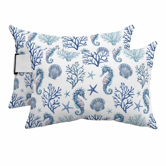 Watercolor Blue Ocean Life Coral Outdoor Pillow for Chaise Lounge Chair,Head Resting Pillow with Insert, Summer Marine Seahorse Shell Waterproof Lumbar Pillows for Patio,11"x16" 2 Pack