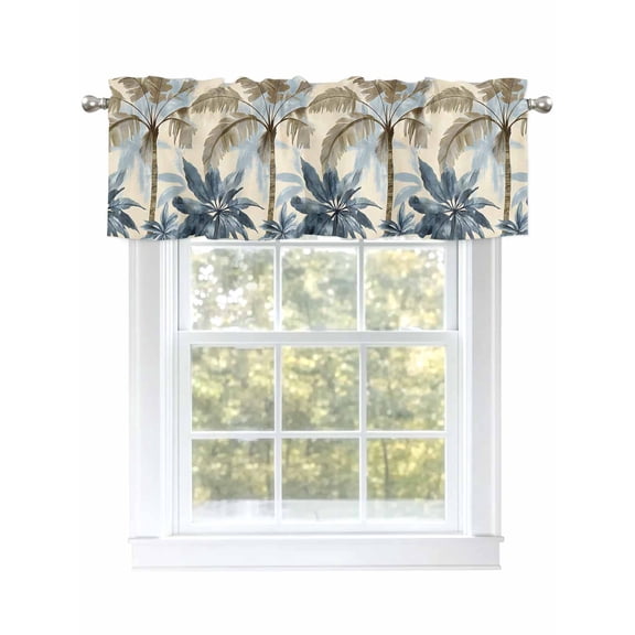 Watercolor Blue Palm Trees Valances for Windows, Rod Pocket Kitchen Valance Curtains - Soft & Washable Small Window Treatment for Living Room,&nbsp;Bathroom, Vintage , 42x12 Inch, 1 Panel