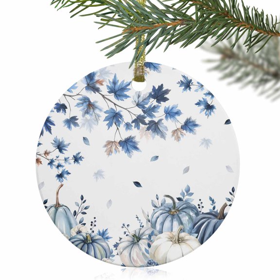 Watercolor Blue Pumpkin Maple Leaves Christmas Ceramic Ornament 2025,3" Round Xmas Tree Hanging Accessories with Gold Ribbon