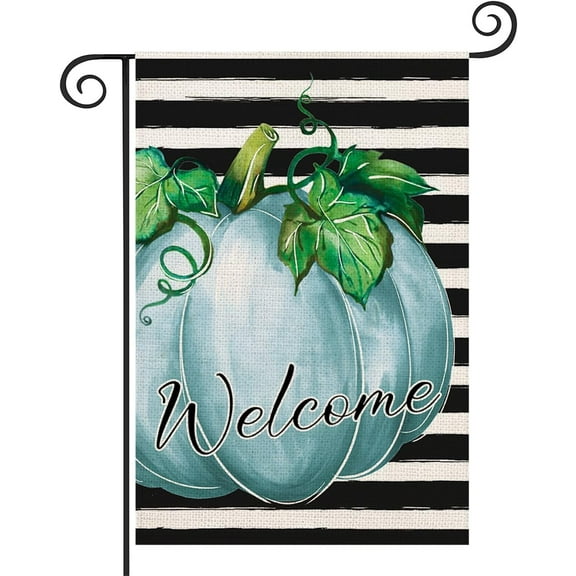 Watercolor Blue Pumpkin Welcome Fall Garden Flag 12.5x18 Inch Double Sided Stripe Pumpkin Autumn Maple Leaves Thanksgiving Holiday Outside Decorations Burlap Yard Flag