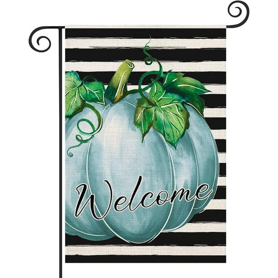Watercolor Blue Pumpkin Welcome Fall Garden Flag 12.5x18 Inch Double Sided Stripe Pumpkin Autumn Maple Leaves Thanksgiving Holiday Outside Decorations Burlap Yard Flag