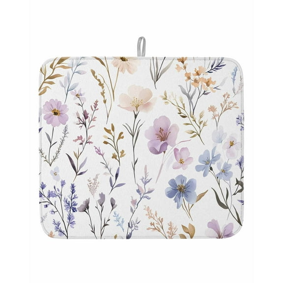 Watercolor Blue Purple Flowers Dish Drying Mat, Botanical Absorbent Dish Drying Matt Pad for Kitchen Countertops,Sinks,Dish Drainer Racks, Small 16x18inx1Pc,