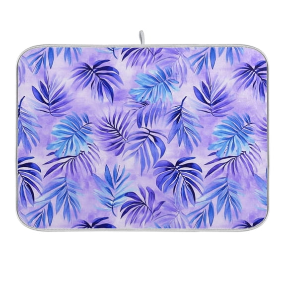 Watercolor Blue Purple Palm Leaves Dish Drying Mat 16x18 Absorbent Microfiber Draining Rack Pad for Kitchen Counter Sink