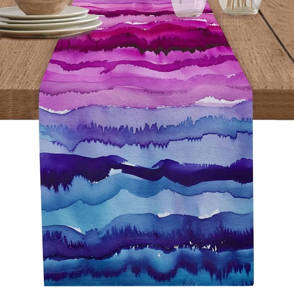 Watercolor Blue Purple Pink Texture Table Runner-36 Inch Long Gradient Ripple Table Runners Linen Burlap Tablerunner for Kitchen Dining Room Holiday Party