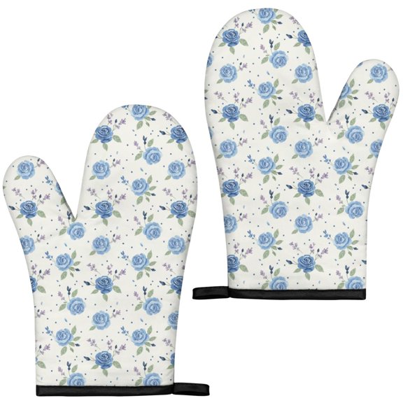 Watercolor Blue Rose Oven Mitt Set, 2 Pack Baking Mitts, Stain Resistant and Easy To Clean, Kitchen Cooking Accessories, for Cooking Baking and Grilling, 7 X 13 in
