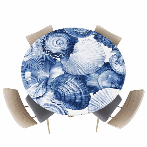 Watercolor Blue Sea Shell Ocean Conch Fitted Round Tablecloths Elastic Edged Table Covers 36"-44",Nautical Marine Creature Waterproof Dining Room Kitchen Table Cloth for Holiday Party Tables Decor