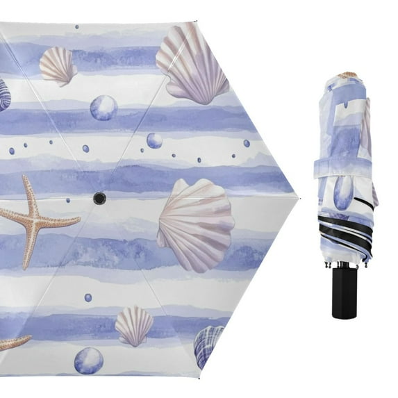 Watercolor Blue Stripes Starfishes Shells All Weather Umbrella Triple Folding Parasol 6 Ribs UV Protection Portable