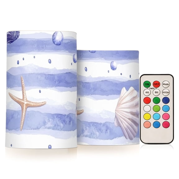 Watercolor Blue Stripes Starfishes Shells Flickering Flameless Candles LED Tealight Battery Operated with Remote Set of 2 Holiday Decor Ornaments