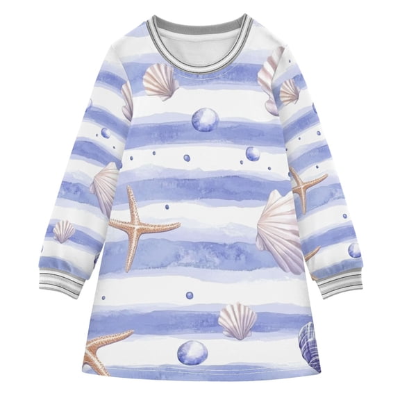 Watercolor Blue Stripes Starfishes Shells Long-sleeved Dress A-line One-Piece Dress for 2-8 Years Casual Party 7-8Y