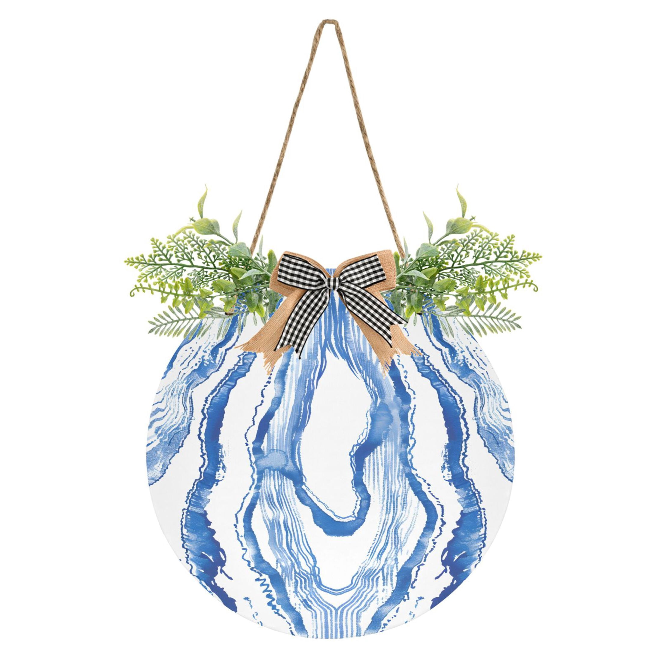 Watercolor Blue Stripes Welcome Front Door Sign Round 12 inch Porch