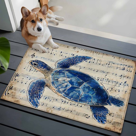 Watercolor Blue Turtle 2x3 Area Rugs for Living Room, Retro Sheet Music Watercolor Non Slip Floor Mat Washable Low-Profile Indoor Carpet for Bedroom, Dining Room, Bathroom