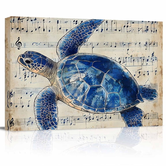 Watercolor Blue Turtle Canvas Print Wall Art Retro Sheet Music Watercolor Pictures Painting Morden Artwork for Living Room Bedroom, Ready to Hang - 12"x16"