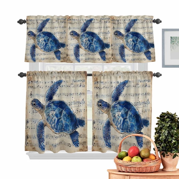 Watercolor Blue Turtle Kitchen Curtains Valances 3 Piece Set, Retro Sheet Music Watercolor Rod Pocket Tier Curtain and Valance Drapes for Small Window 36 Inch Length for Bedroom Cafe