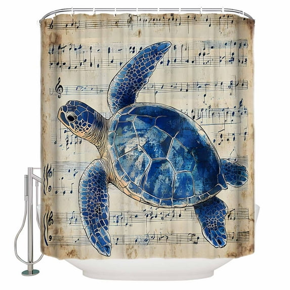 Watercolor Blue Turtle Shower Curtain, 48" x 72", Retro Sheet Music Watercolor Waterproof Bathroom Curtain Washable Shower Curtain Set with 12 Hooks