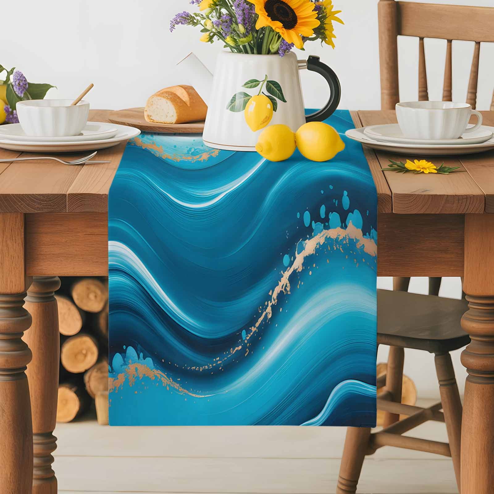 Watercolor Blue Water Ripple Table Runners 13x36 Inches Long Linen ...