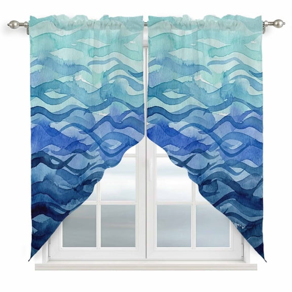 Watercolor Blue Waves Swag Valances for Windows 2 Pack, Kitchen Window Curtains 36 Inch Length, Coastal Summer Beach Ripples Privacy Swag Curtains for Living Room/Bathroom with Rod Pocket 36"x36"
