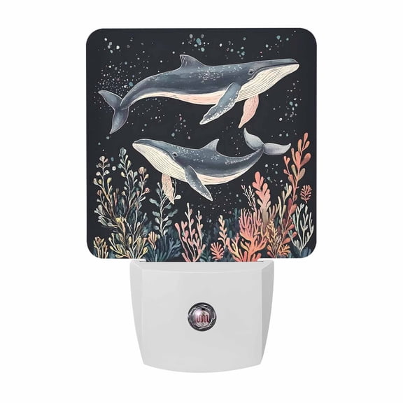 Watercolor Blue Whale Plug-in LED Night Lights Red Yellow Coral Auto Dusk-to-Dawn Sensor for Bedroom, Bathroom, Kitchen, Nursery, Hallway, Stairs, Wall Home Decor