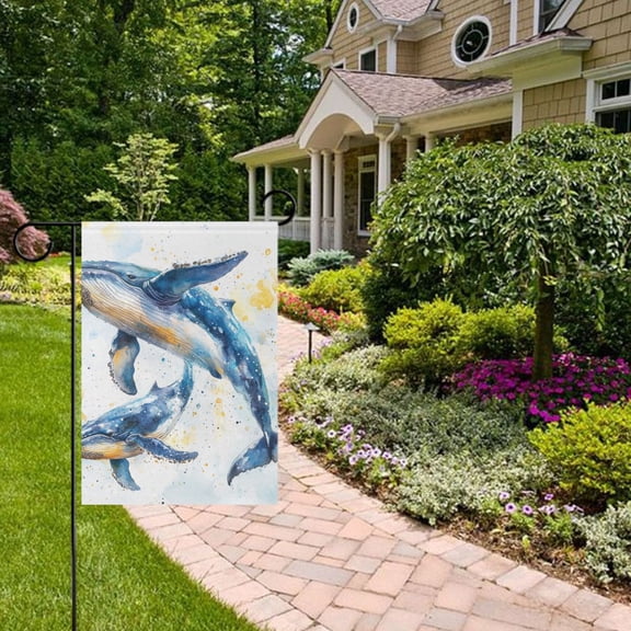 Watercolor Blue Whales Garden Flag 12x18 inch Double Sided Outside Yard Decorations for Home Outdoor