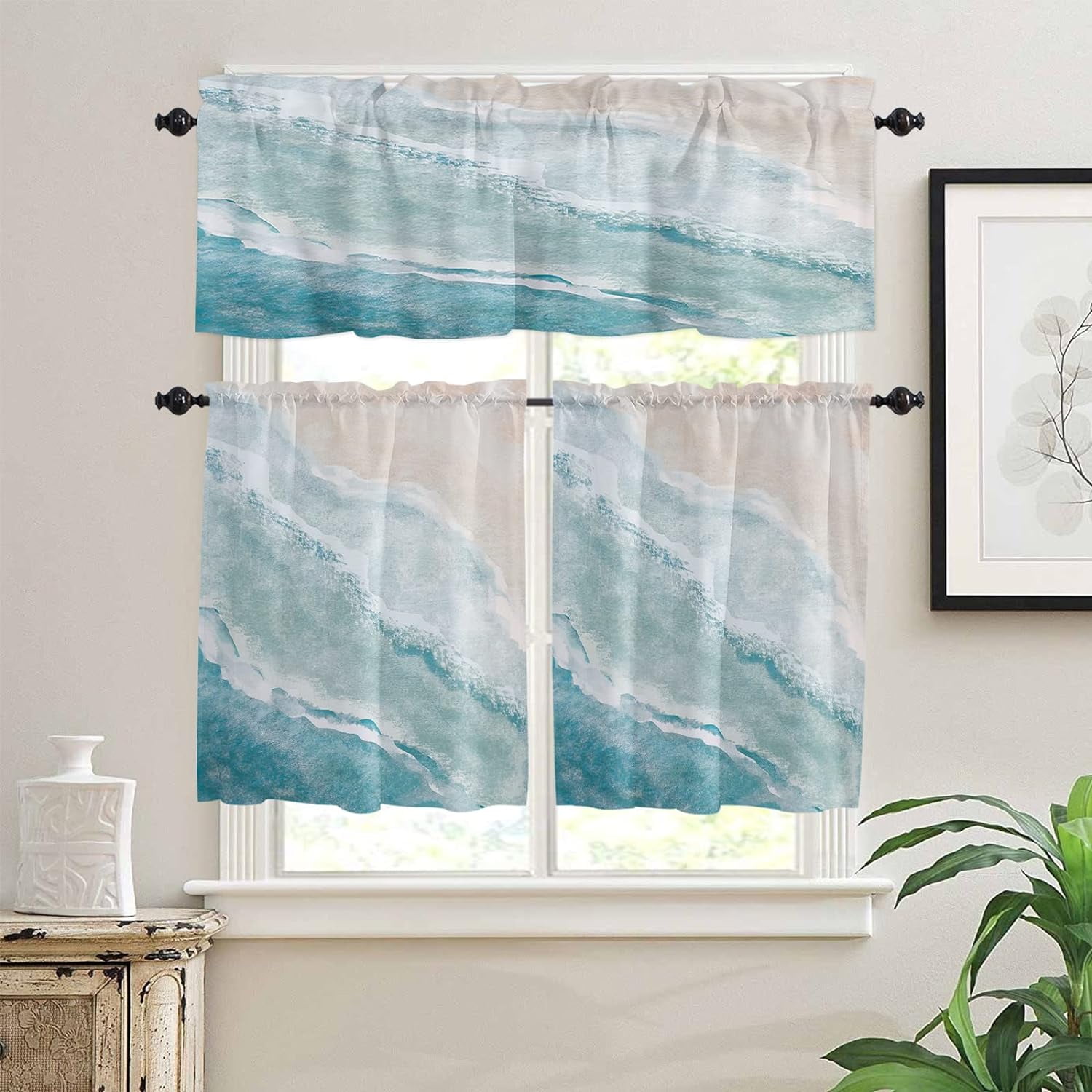 Watercolor Blue White Wave Ripple Ocean Beach 3pcs Tier Drapes and ...