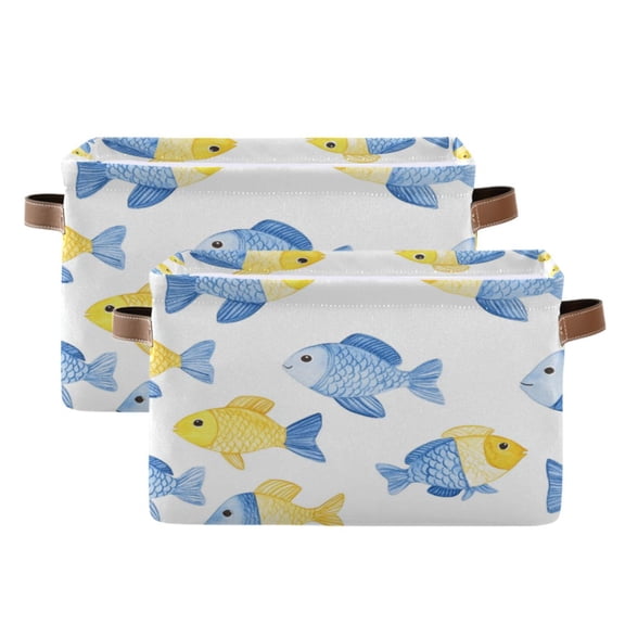 Watercolor Blue and Yellow Fish Foldable Storage Basket,Canvas Fabric Foldable Storage Bins with Handles Open Home Storage Bins Boxes for Toy Book Shelf Closet Baskets