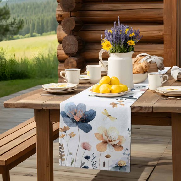 Watercolor Blue Yellow Floral Dragonfly Table Runner 13x90in Non-Slip Cotton Linen Table Runners, Flowers Leaves Dresser Scarves TableRunner for Dinner Kitchen Dining Wedding Party