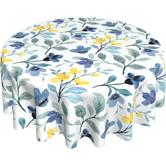 Watercolor Blue Yellow Floral Tablecloth Round 60 Inch Spring Rustic Sage Green Leaf Flower Decorative Table Cloth with Wrinkle Resistant for Home Kitchen Dining Table Outdoor Party Picnic