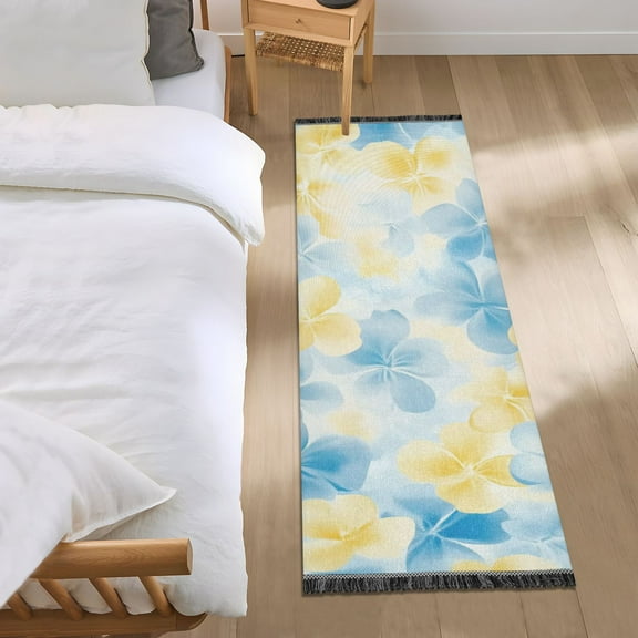 Watercolor Blue Yellow Flowers Bedroom Runner Rug 2'x 6' Non Slip Carpet Indoor Home Area Rug Living Room