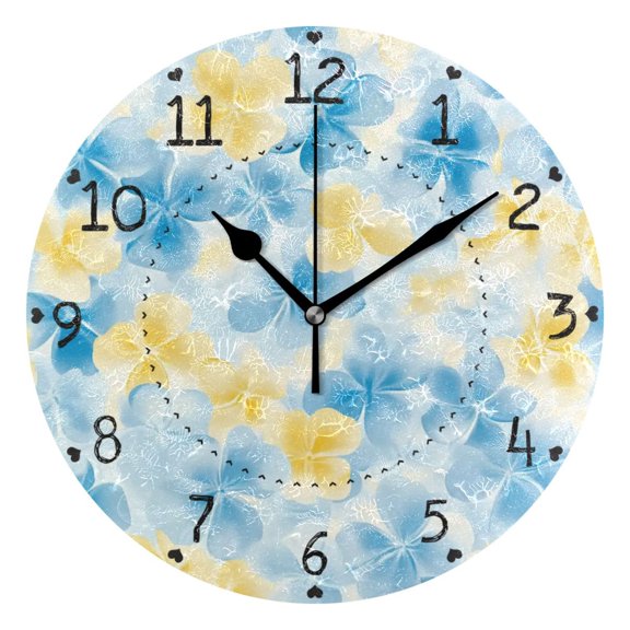Watercolor Blue Yellow Flowers Round Wall Clock Silent Battery Operated Home Decor for Living Room Bedroom