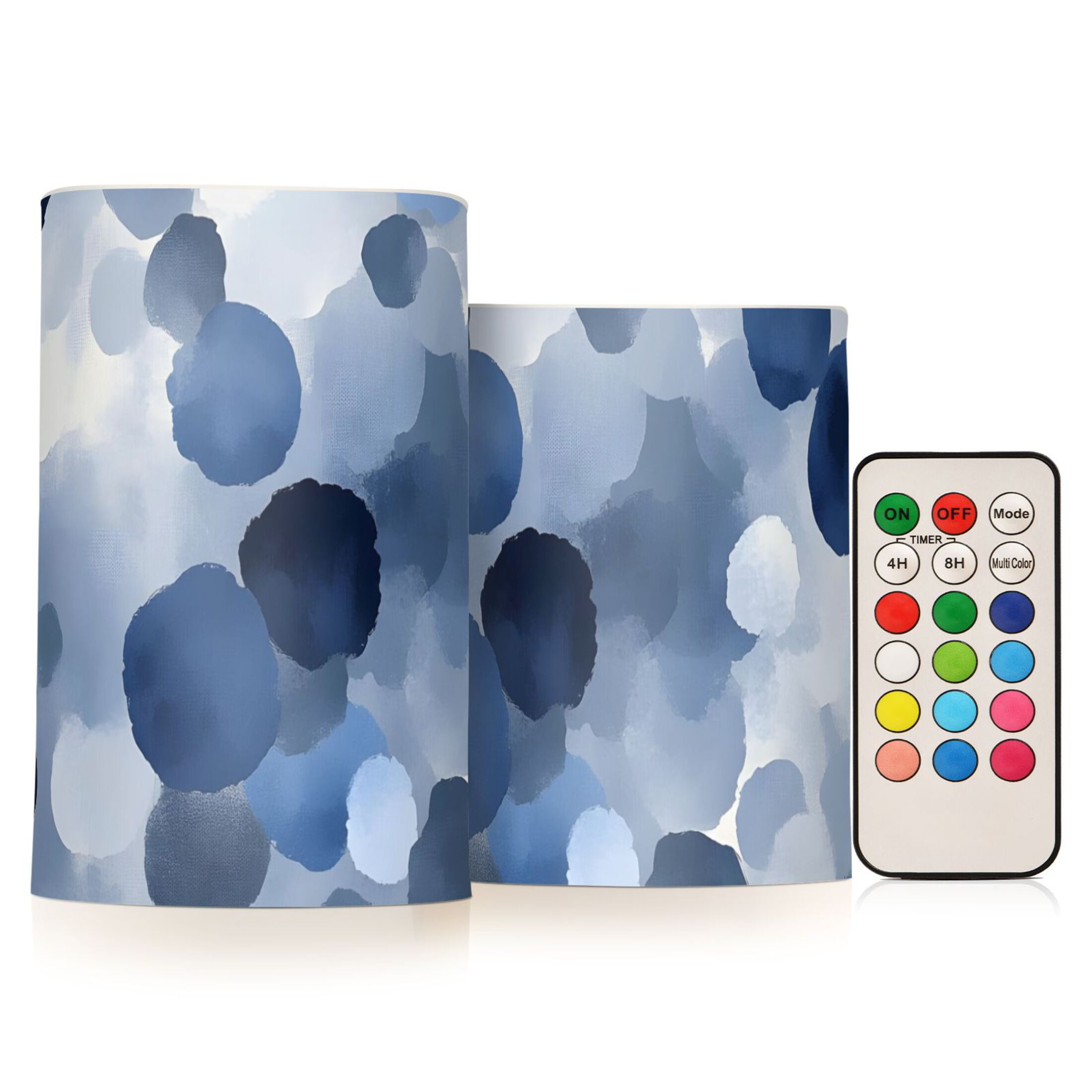 Watercolor Blue and Gray Dots Flickering Flameless Candles Battery Operated with Remote Timer LED Pillar Candles Set of 2