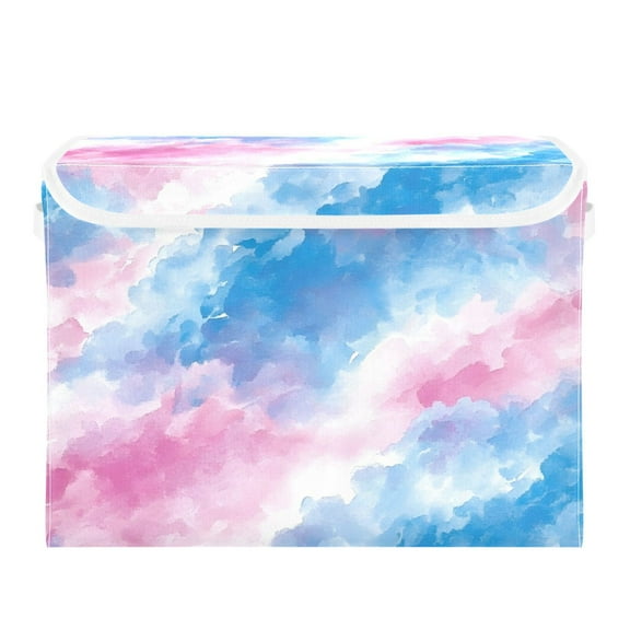 Watercolor Blue and Pink Art Large Storage Bins with Linen Collapsible Lid Storage Box 16.7 x 12.6 x 11.8in
