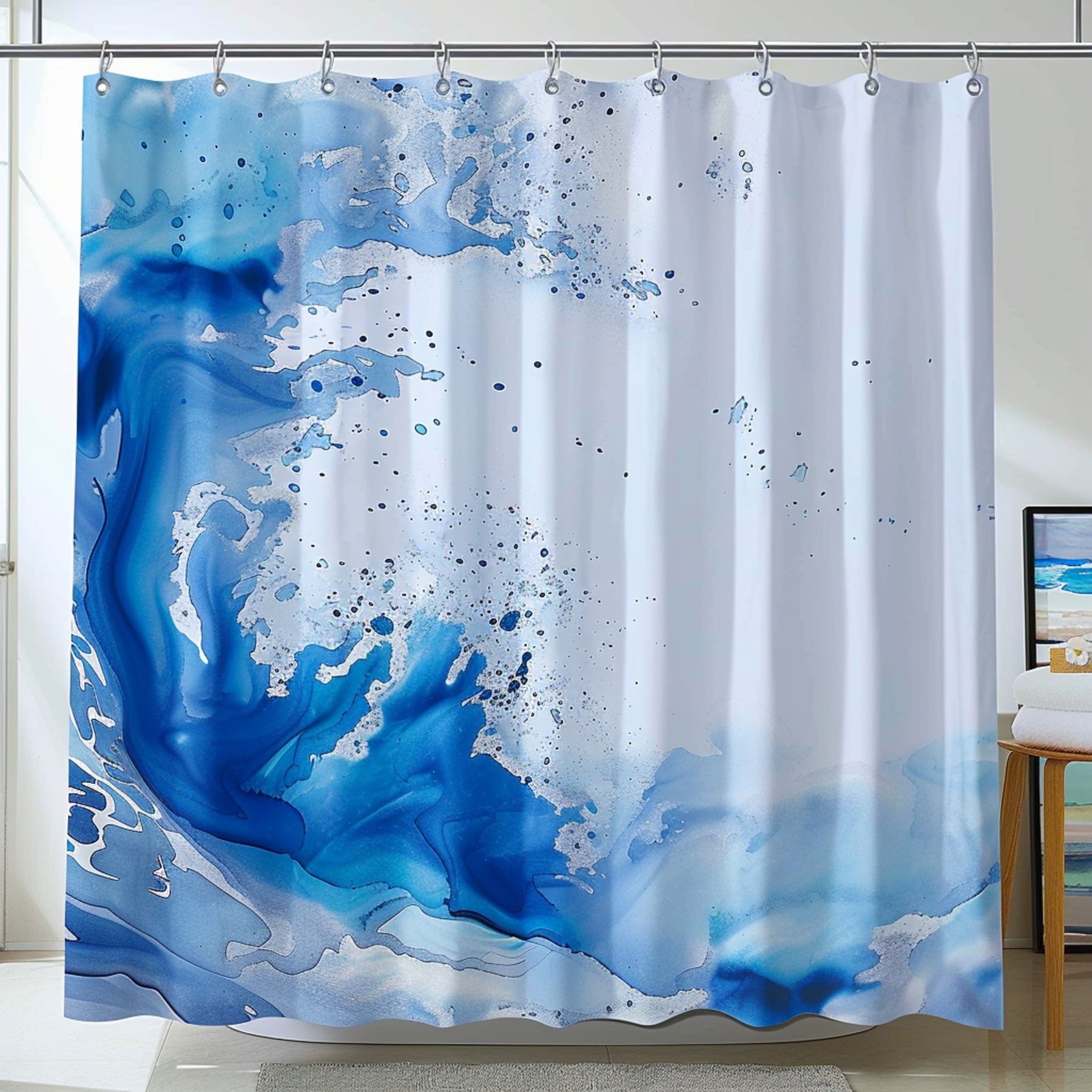 Watercolor Blue and White Wave Design Shower Curtain Bathroom Curtain ...