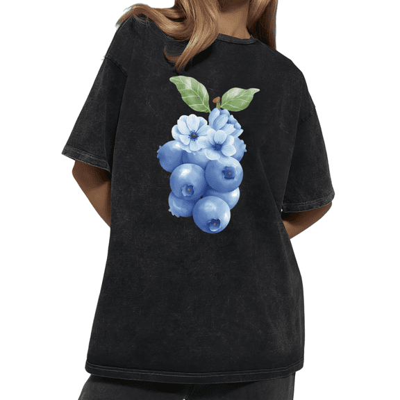 Watercolor Blueberry Cluster with Blue Blossoms Art Wash Print T shirt Graphic Tees Shirts Charcoal Oversized S-2XL Casual Tops