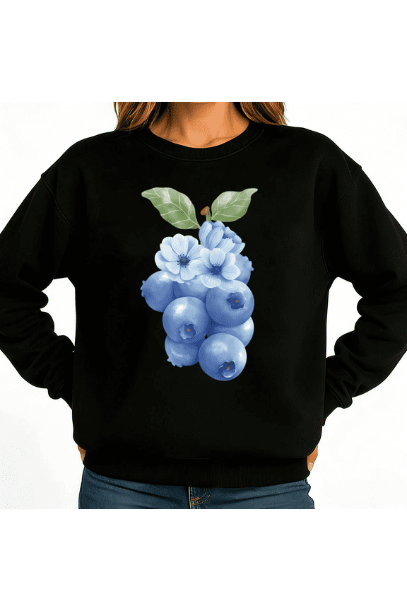 Watercolor Blueberry Floral Cluster Womans Print Sweatshirt Graphic Sweatshirt Black White S-3XL Fruit Casual Tops