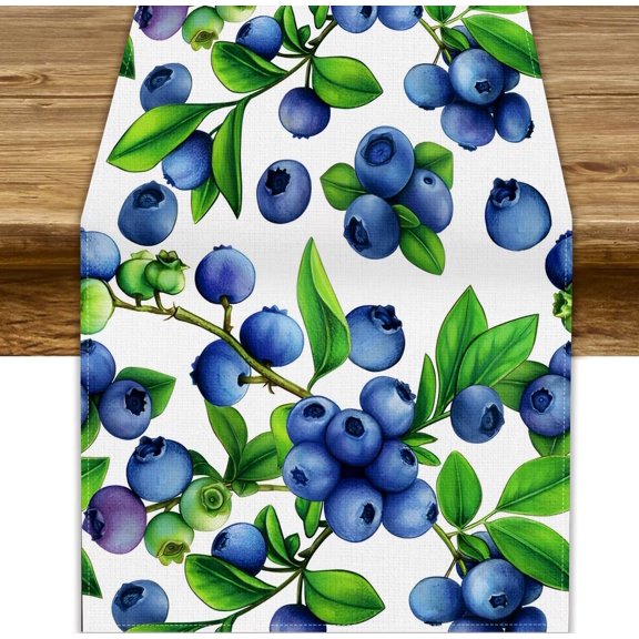 Watercolor Blueberry Table Runner, Sweet Berry Fruit Summer Kitchen Decoration, Seasonal Indoor Outdoor Home Decor Party Supply, 13x36inch