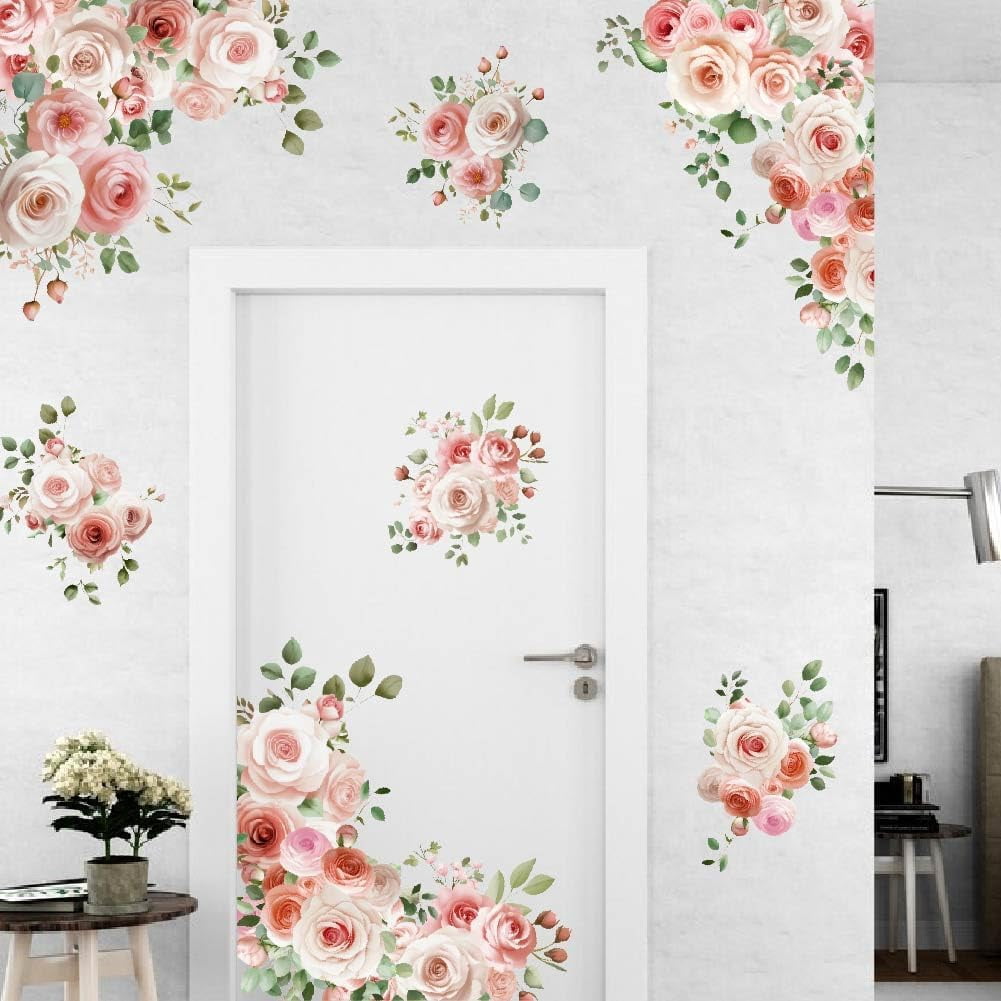 Watercolor Blush Floral Wall Stickers Pink Rose Flowers Decal Botanical ...
