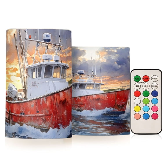 Watercolor Boat Flickering Flameless Candles Battery Operated with Remote Timer LED Pillar Candles Set of 2
