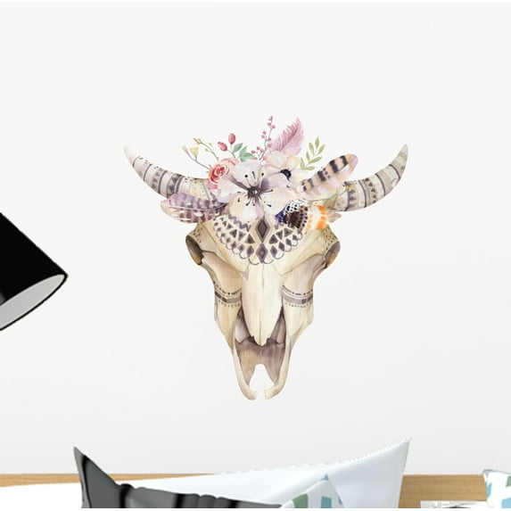 Watercolor Bohemian Cow Skull Wall Decal Wallmonkeys Peel and Stick Graphic (12 in H x 12 in W) WM502480
