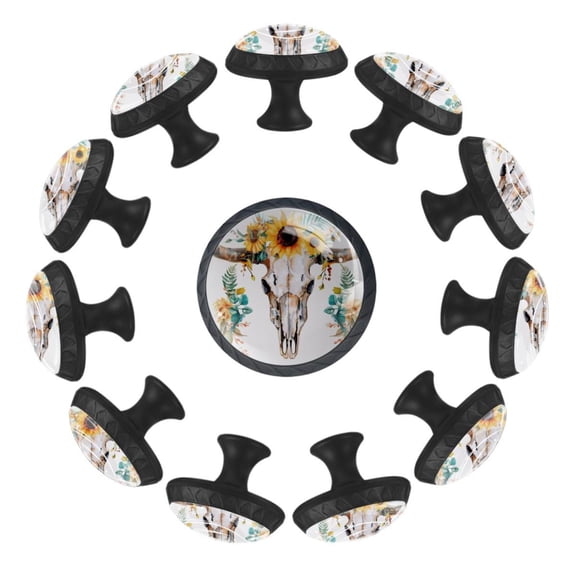 Watercolor Boho Bull Skull Head with Sunflowers Leaves 35MM Round Glass Cabinet Knobs, Kitchen Knobs for Drawer Dresser Cupboard Wardrobe Modern Pulls Handles Hardware, Set of 12